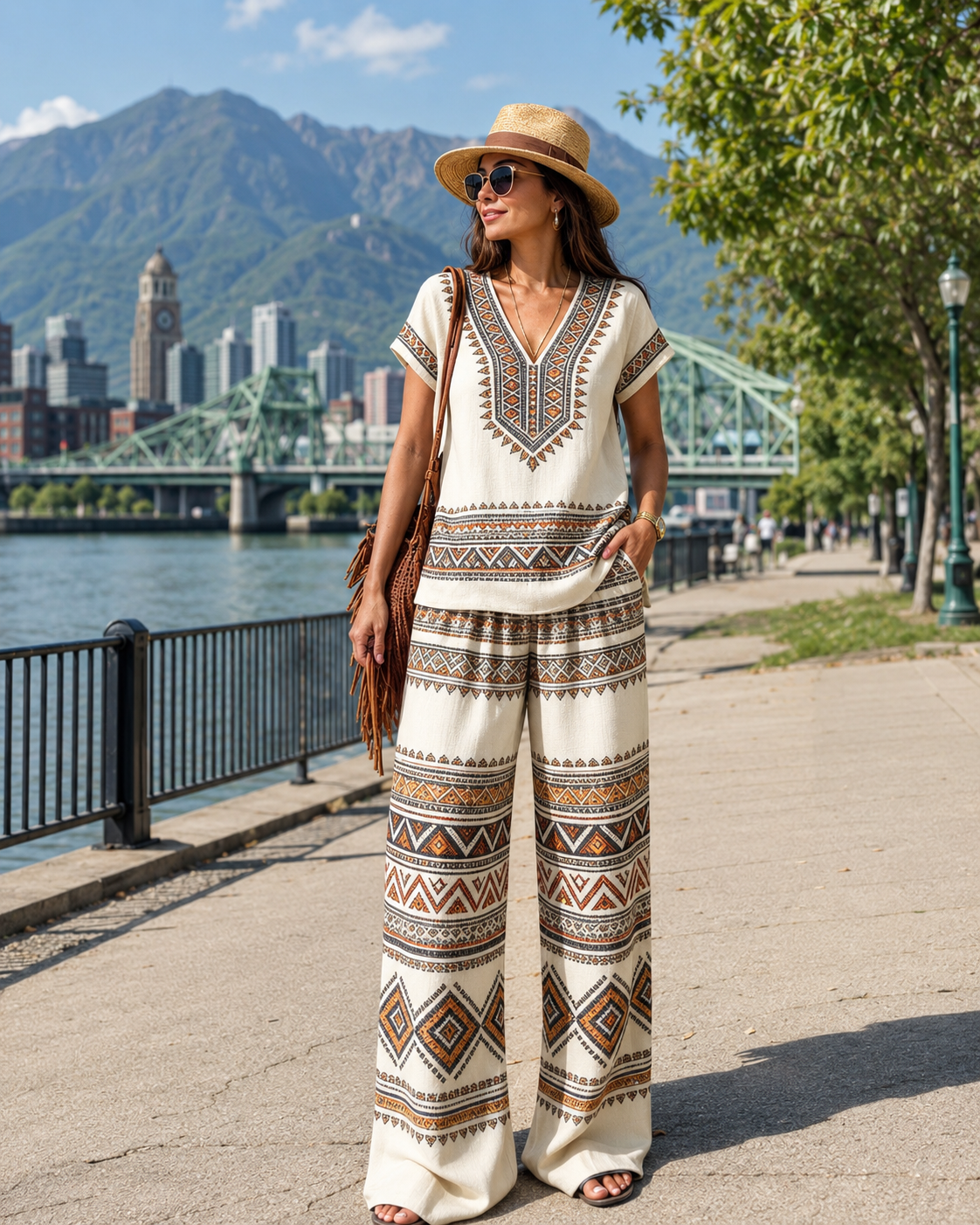Conjunto de dos piezas para mujer con estampado bohemio y pantalón ancho