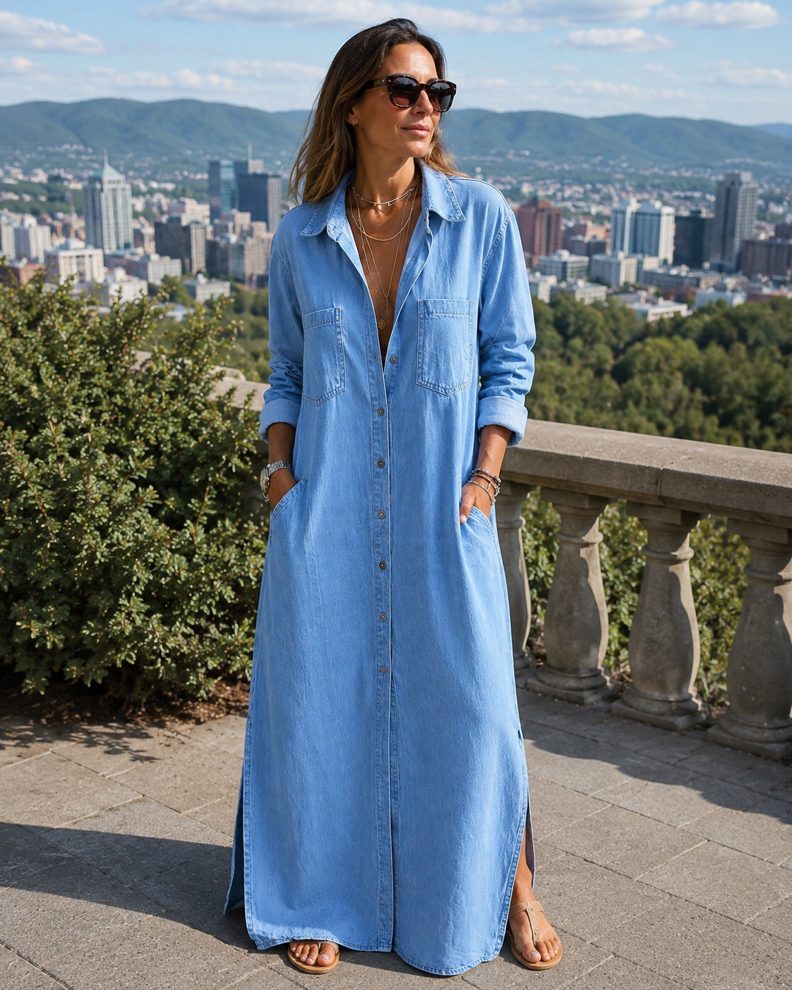 Vestido camisero largo para mujer en denim ligero con botones