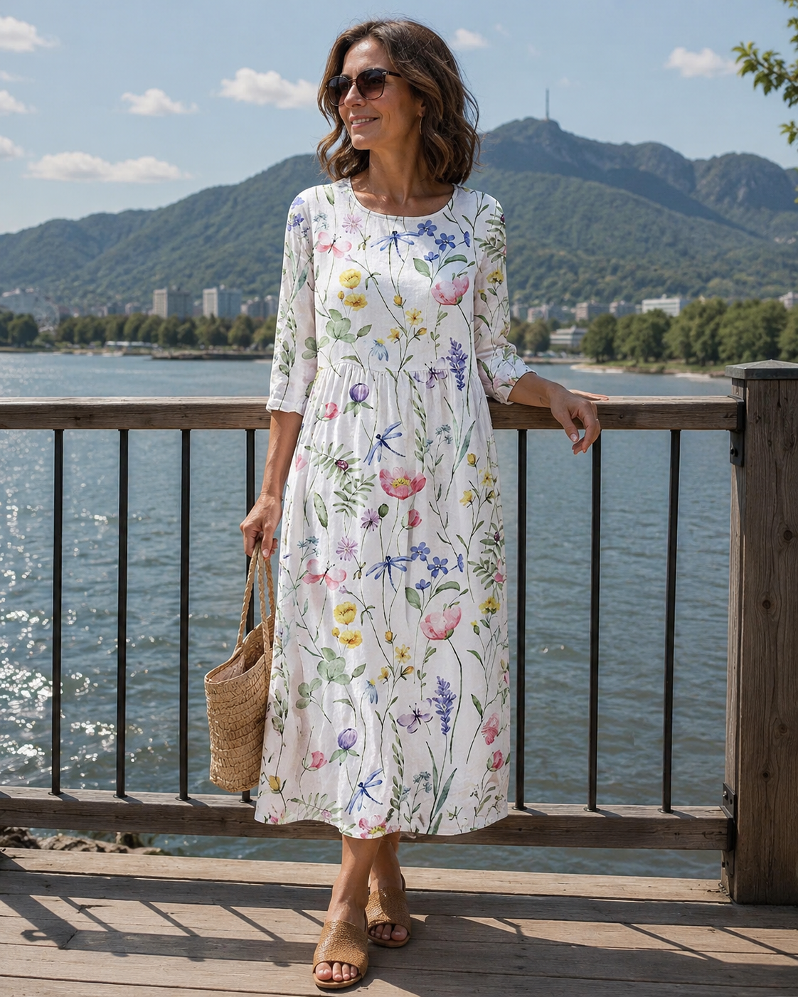 Vestido midi para mujer con estampado floral y mangas tres cuartos