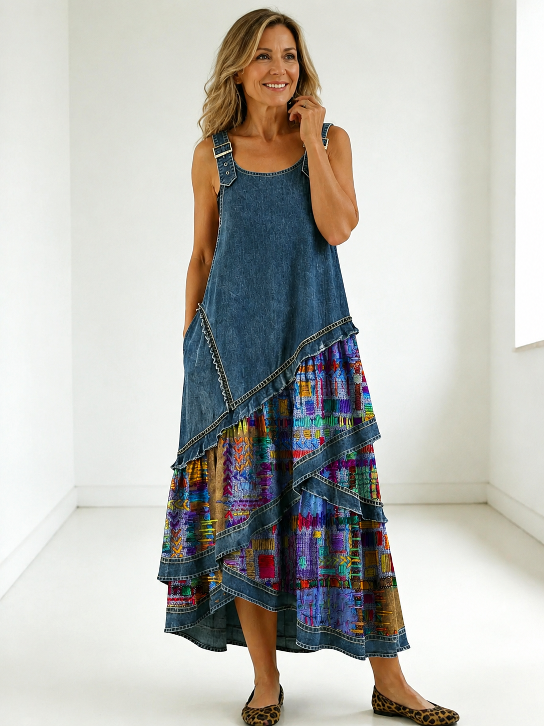 Vestido bohemio mujer con patchwork denim y estampado floral