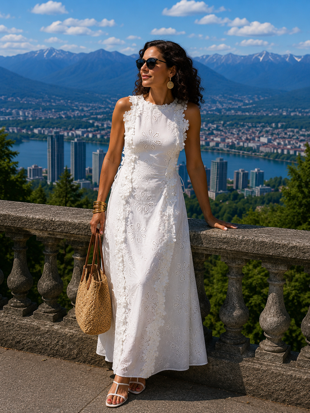 Vestido maxi mujer con bordados florales y encaje elegante