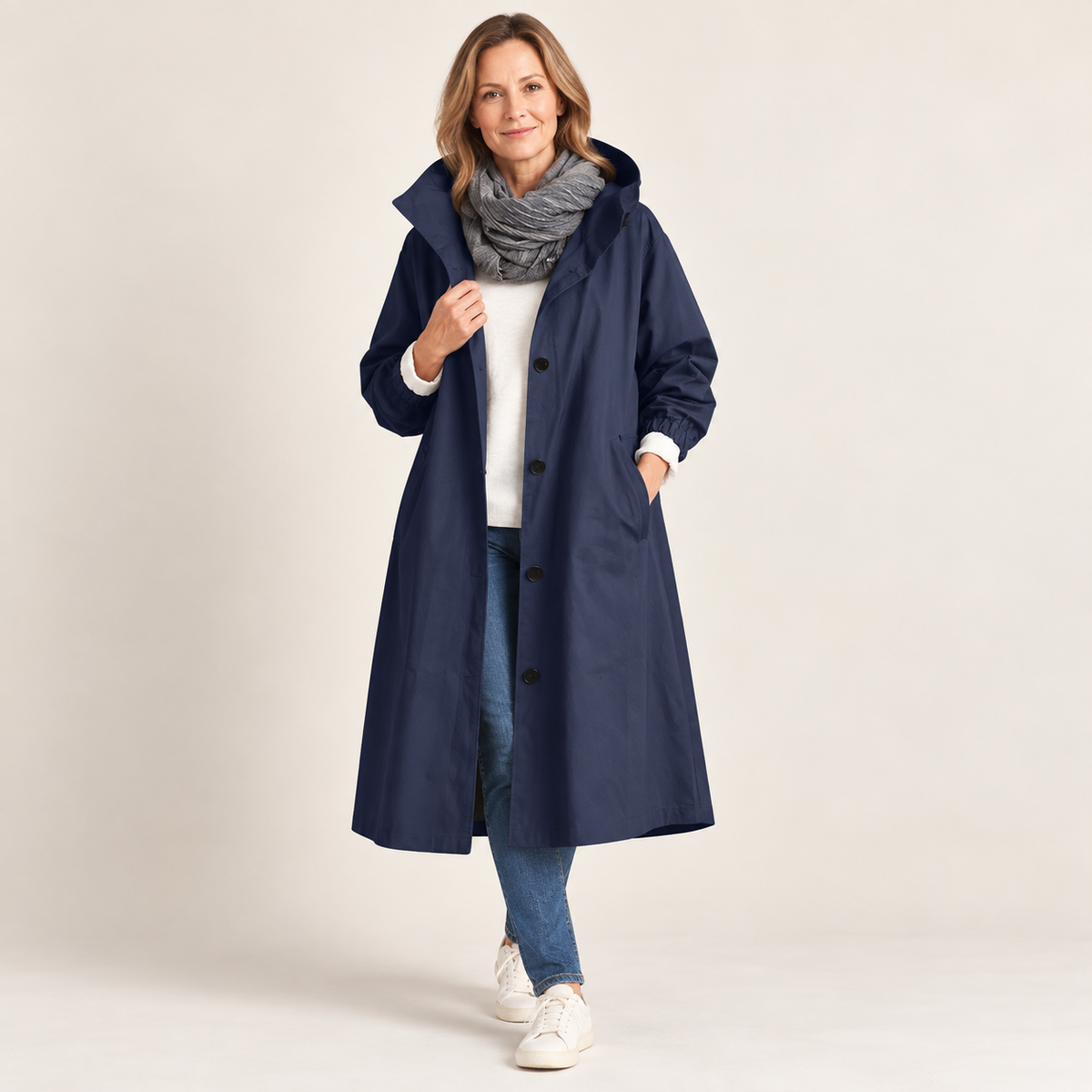 Trench largo para mujer con capucha, botones y bolsillos