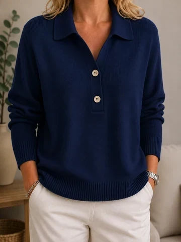 Suéter de mujer con cuello de camisa y botones decorativos finos