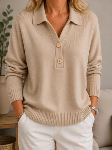 Suéter de mujer con cuello de camisa y botones decorativos finos