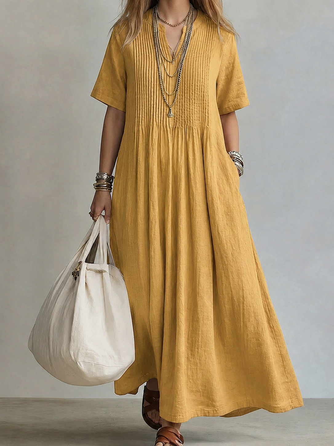 Vestido maxi mujer fluido con pliegues y escote en V
