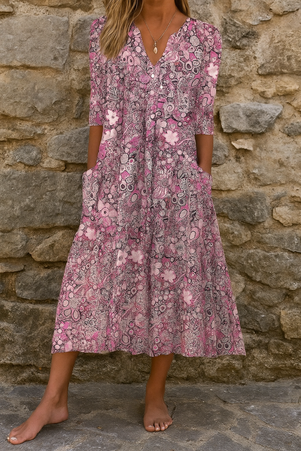 Vestido midi para mujer con escote en V y mangas tres cuartos