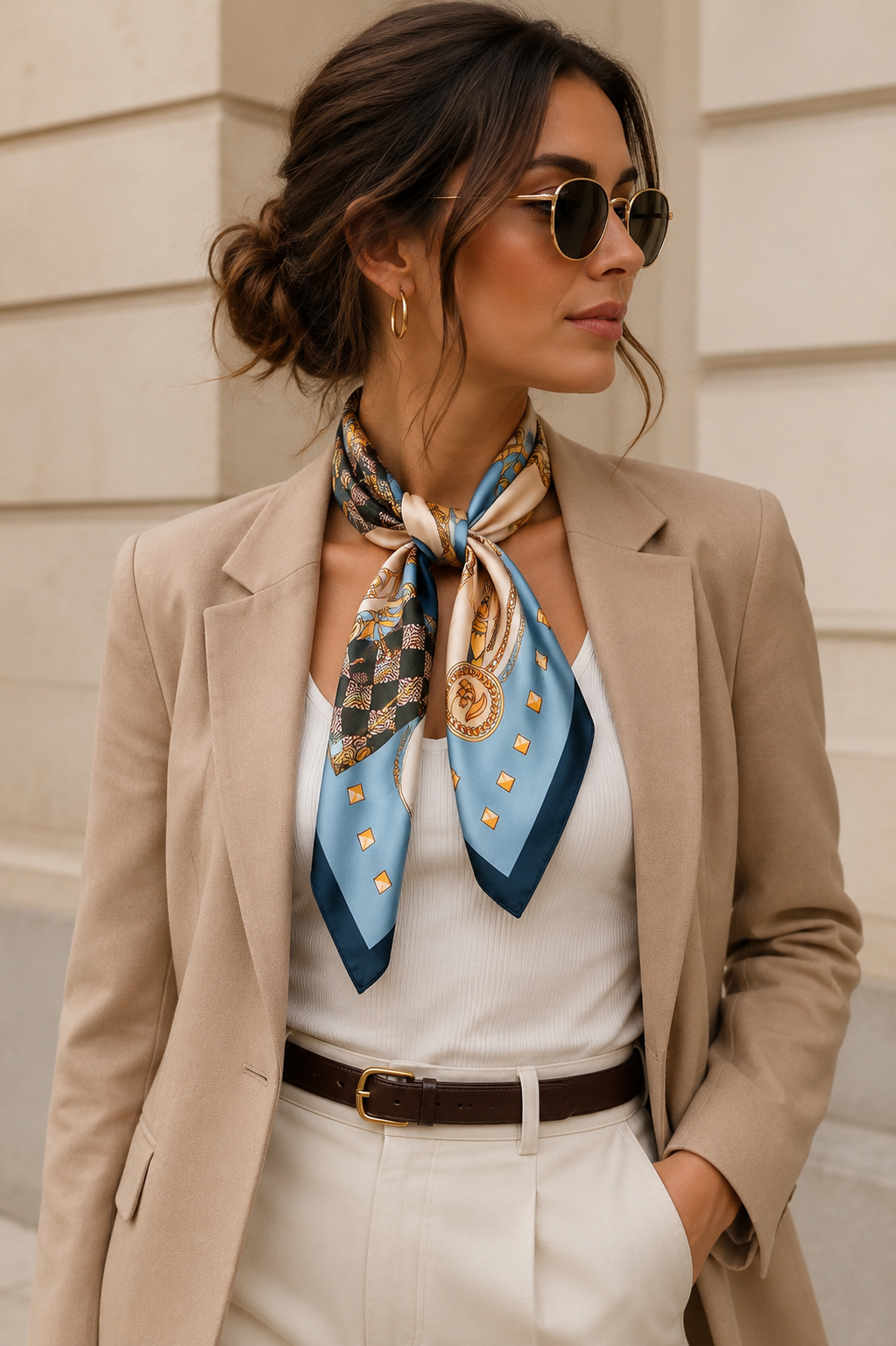 Pañuelo cuadrado mujer satinado con estampado elegante multifunción