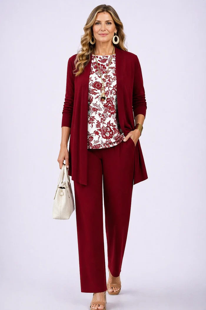 Conjunto mujer de tres piezas con cárdigan estampado elegante
