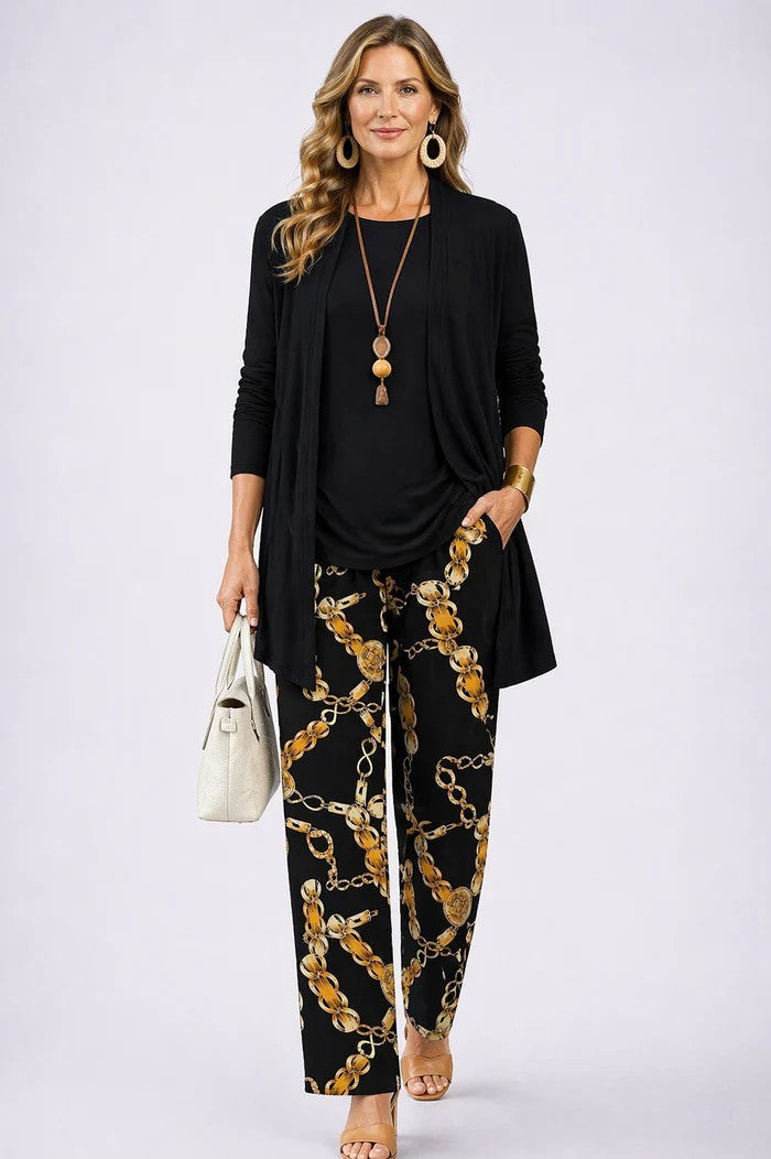Conjunto mujer de tres piezas con cárdigan estampado elegante