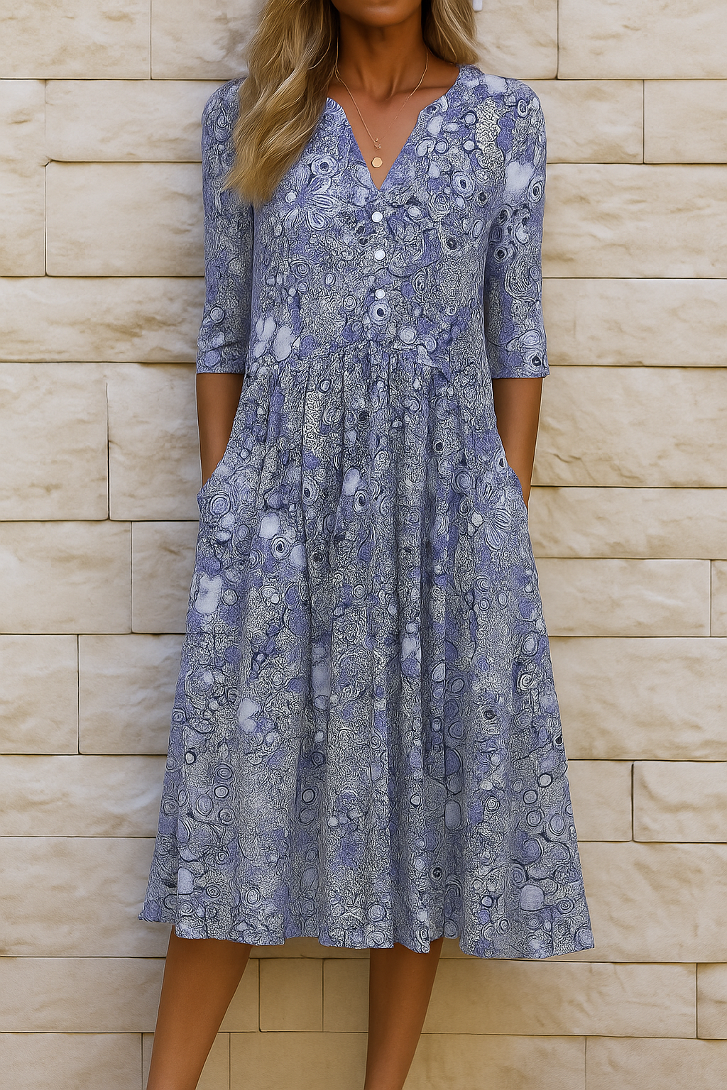 Vestido midi para mujer con escote en V y mangas tres cuartos
