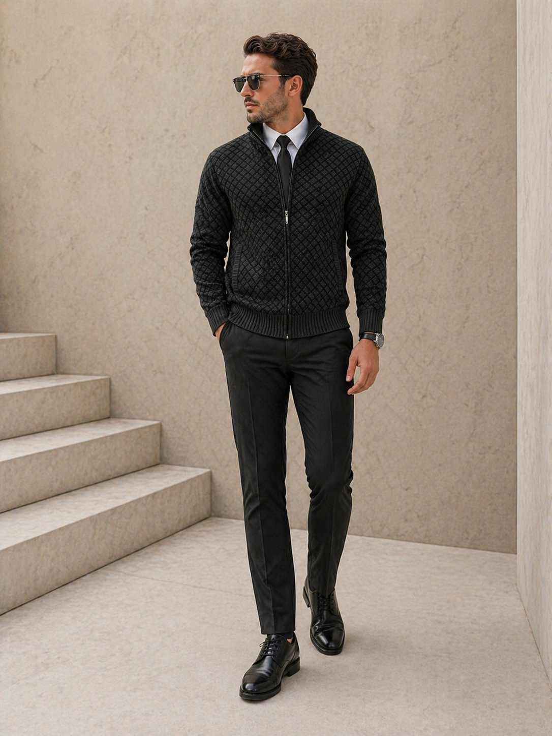 Cárdigan hombre cremallera cuello alto tejido jacquard romboidal moderno invierno