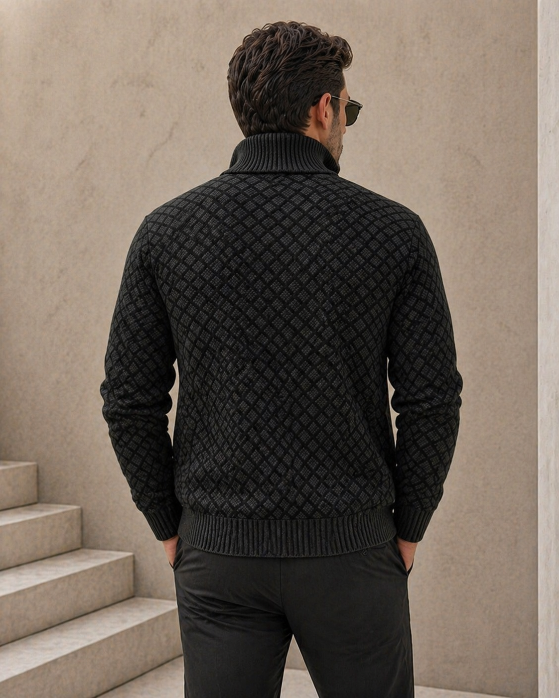 Cárdigan hombre cremallera cuello alto tejido jacquard romboidal moderno invierno