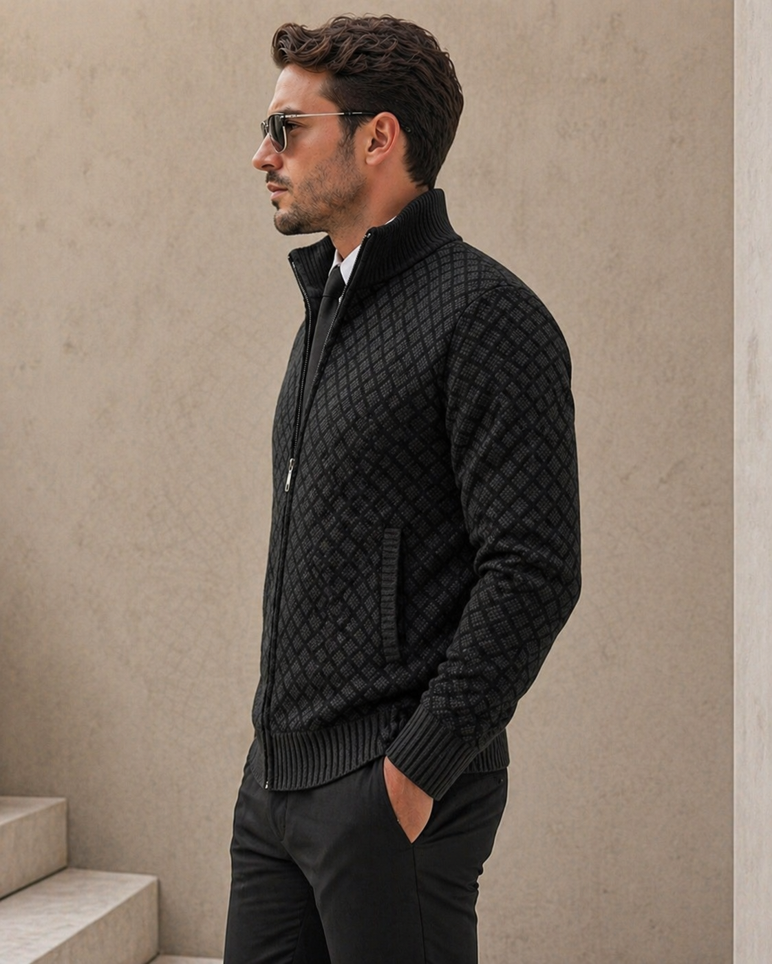 Cárdigan hombre cremallera cuello alto tejido jacquard romboidal moderno invierno