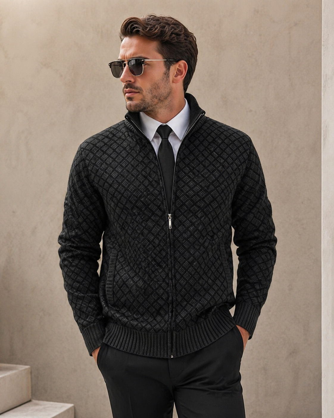 Cárdigan hombre cremallera cuello alto tejido jacquard romboidal moderno invierno