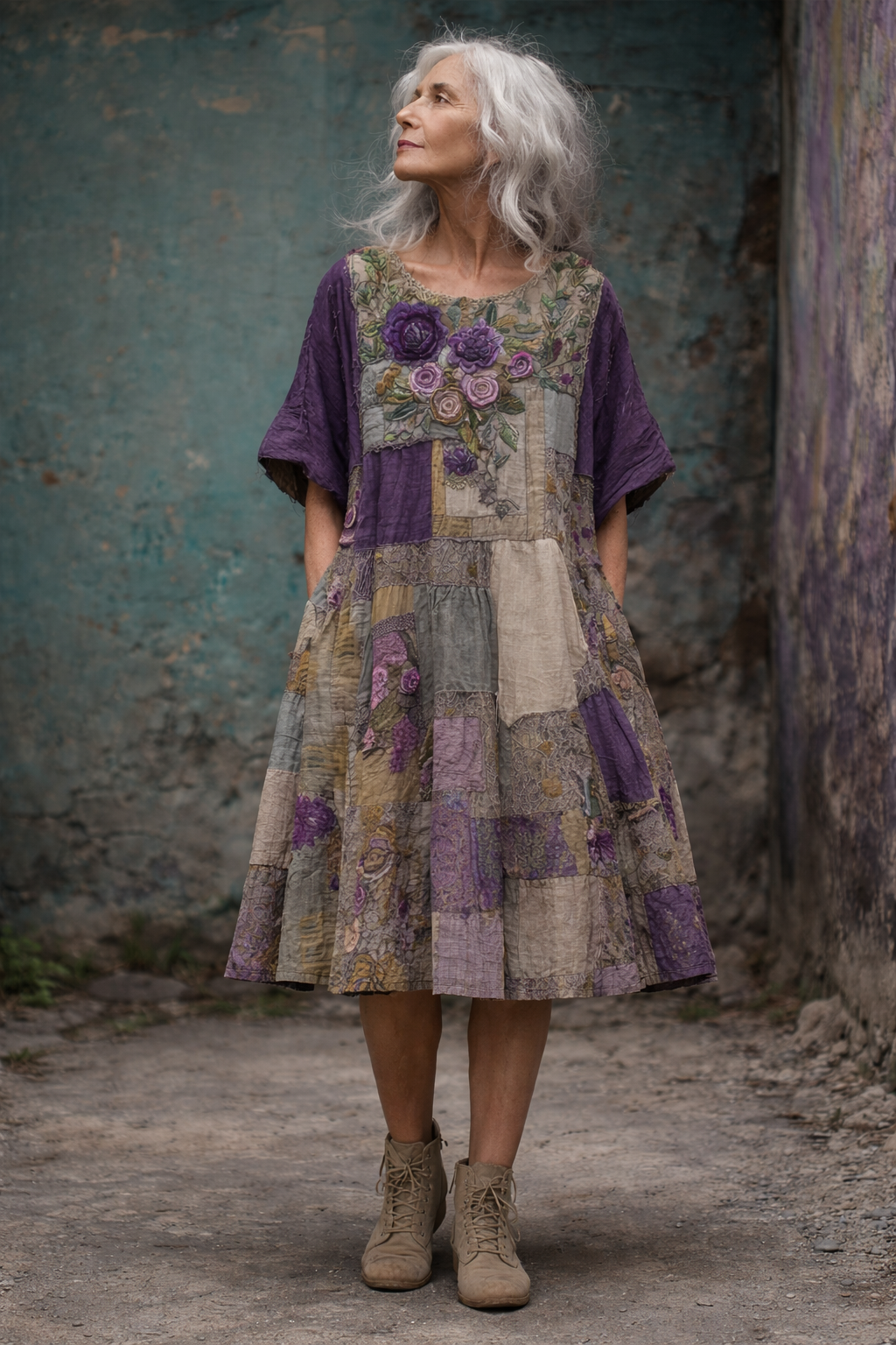 Vestido Patchwork Mujer – Diseño Artístico con Corte Fluido y Detalles Florales
