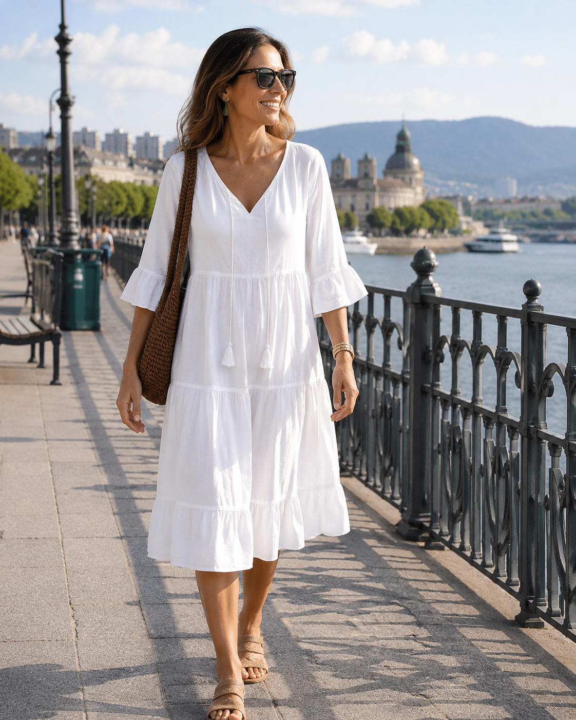 Vestido midi de algodón para mujer con escote en V y mangas acampanadas