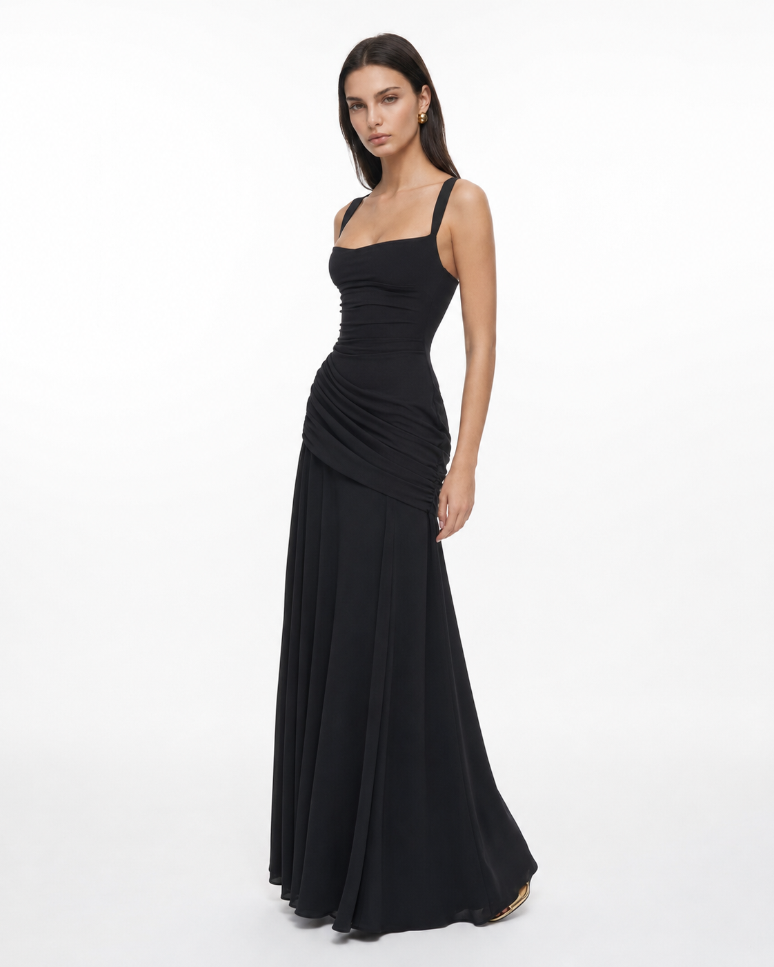 Vestido maxi mujer con escote cuadrado y drapeado lateral