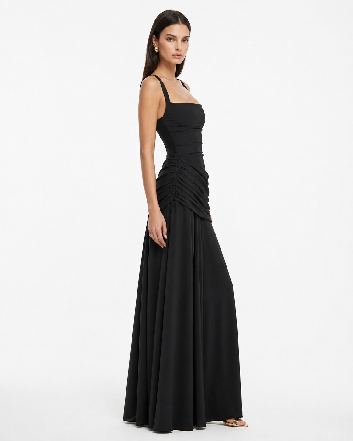 Vestido maxi mujer con escote cuadrado y drapeado lateral