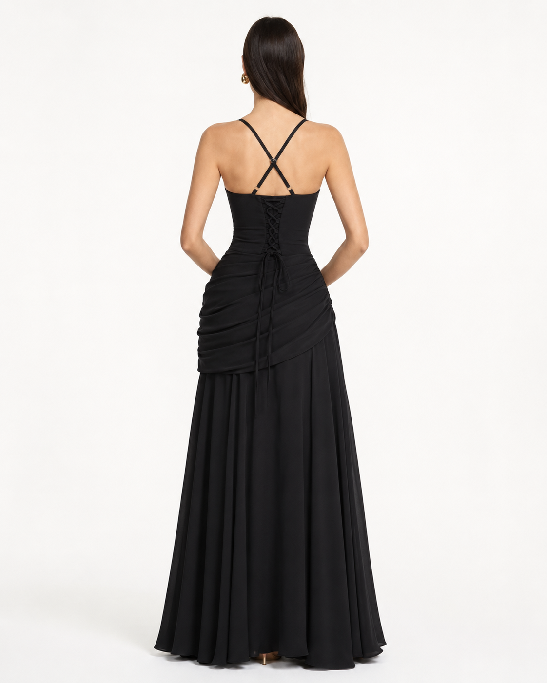 Vestido maxi mujer con escote cuadrado y drapeado lateral