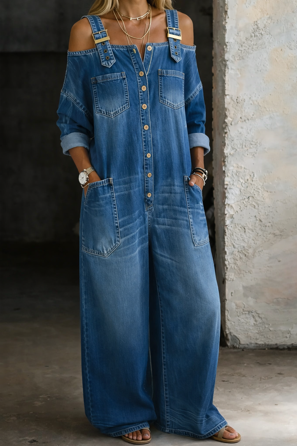 Mono Denim Mujer con Hombros Descubiertos – Estilo Moderno y Cómodo