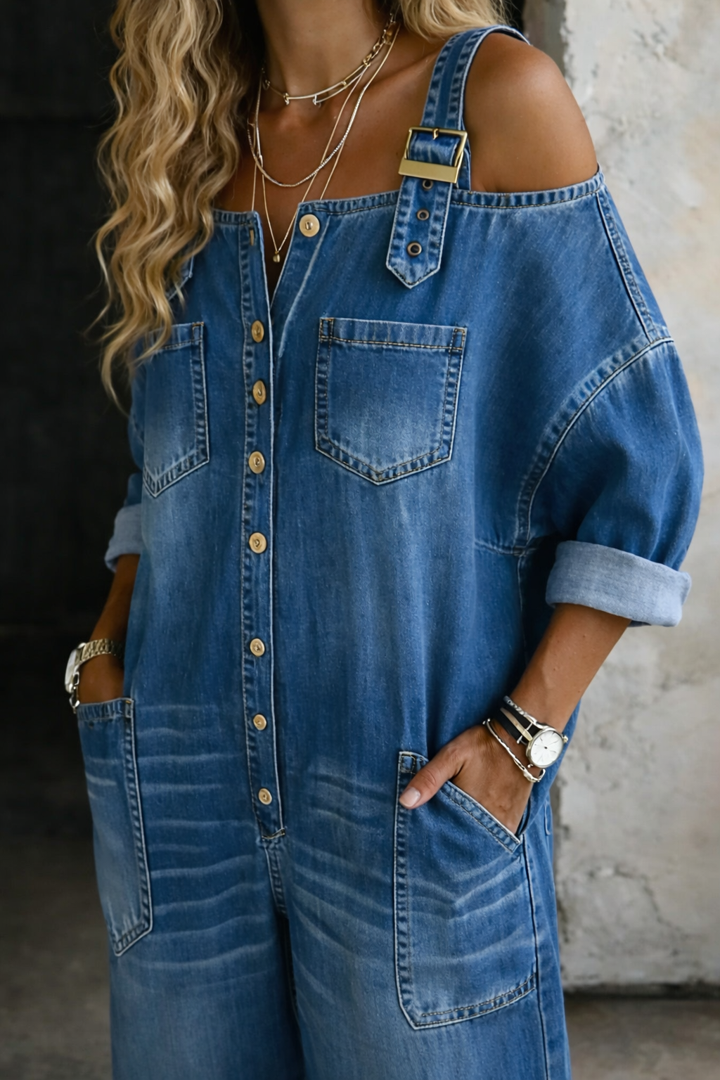 Mono Denim Mujer con Hombros Descubiertos – Estilo Moderno y Cómodo