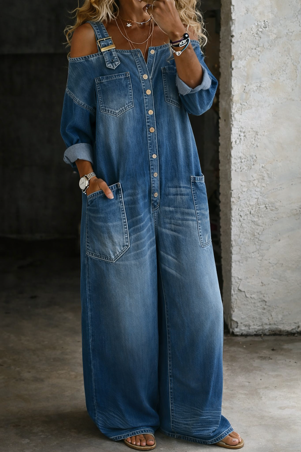 Mono Denim Mujer con Hombros Descubiertos – Estilo Moderno y Cómodo