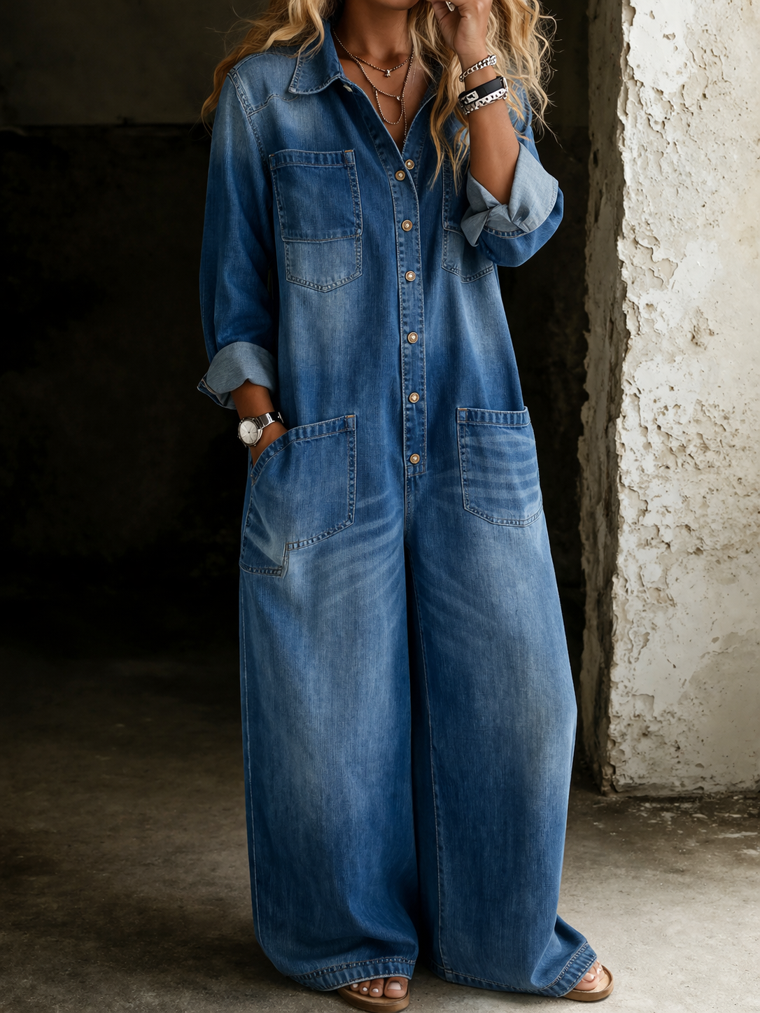Mono Mujer Denim Largo con Botones – Estilo Casual y Moderno