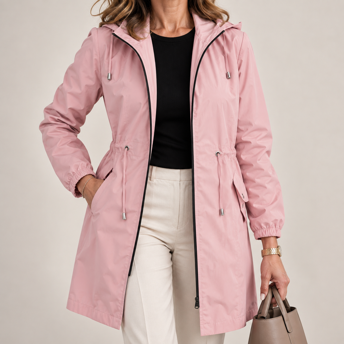 Chaqueta parka impermeable larga con capucha para mujer ajustable