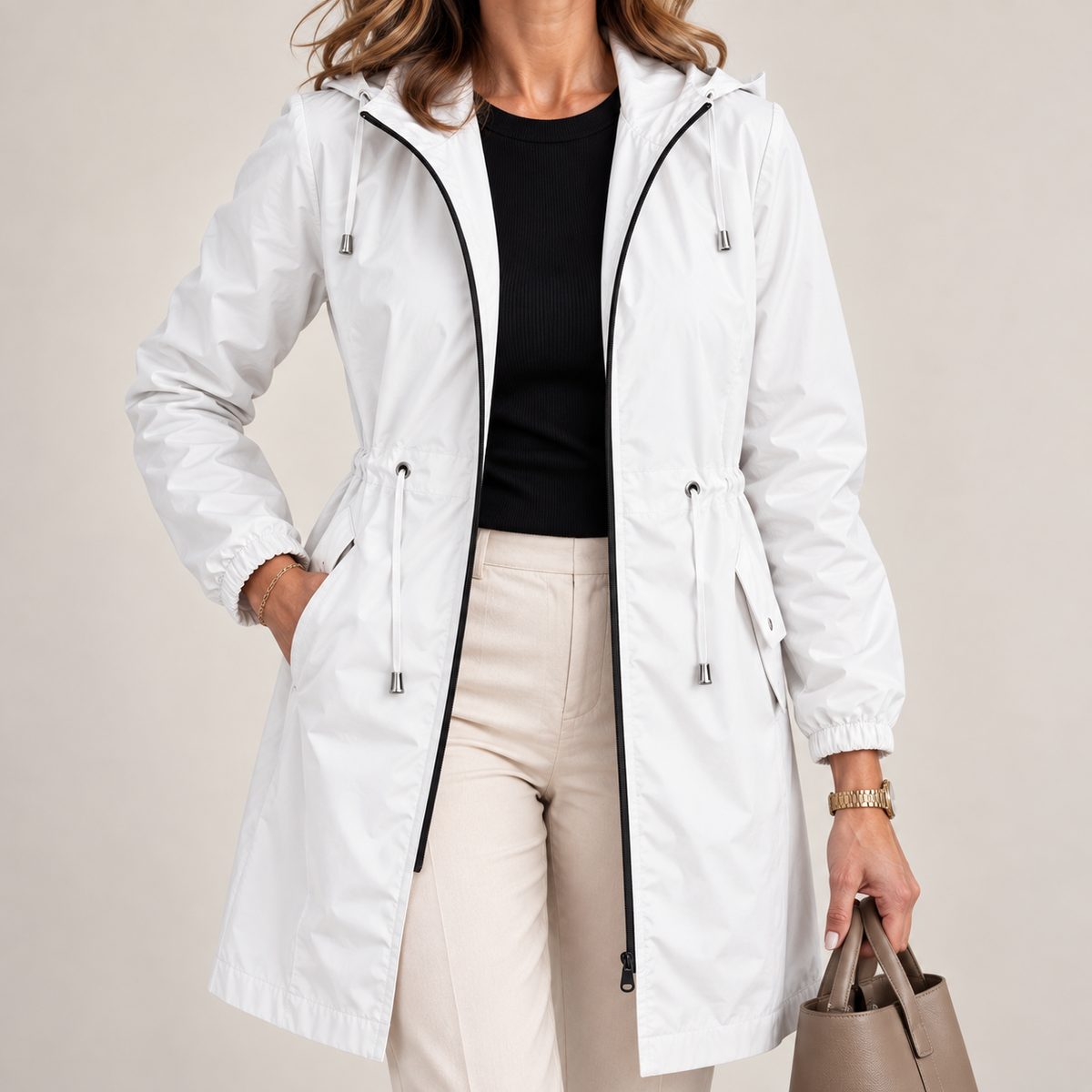 Chaqueta parka impermeable larga con capucha para mujer ajustable