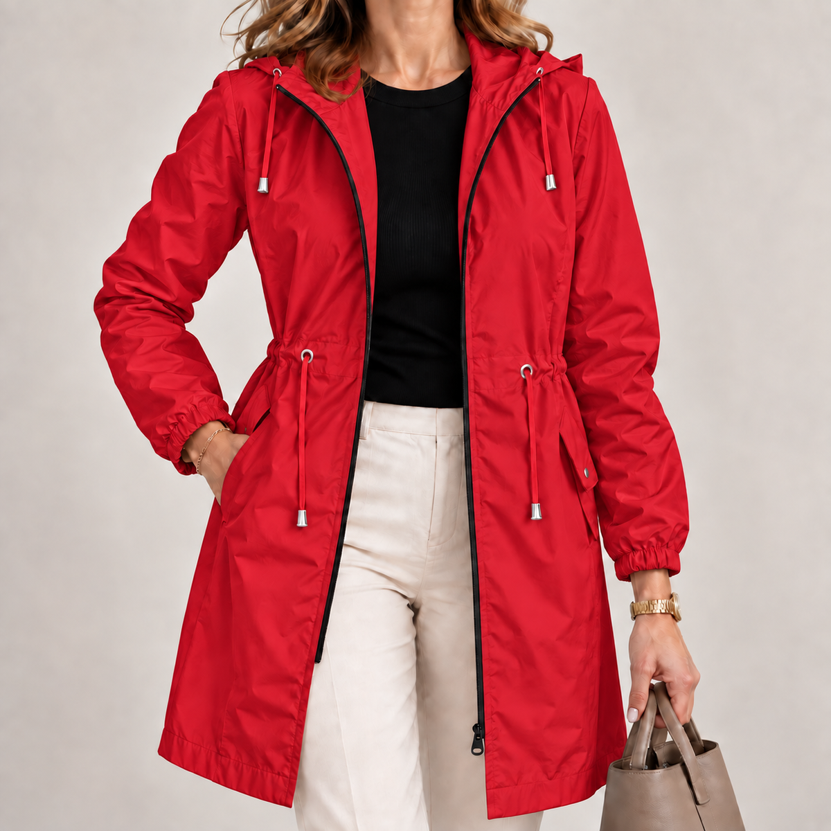 Chaqueta parka impermeable larga con capucha para mujer ajustable