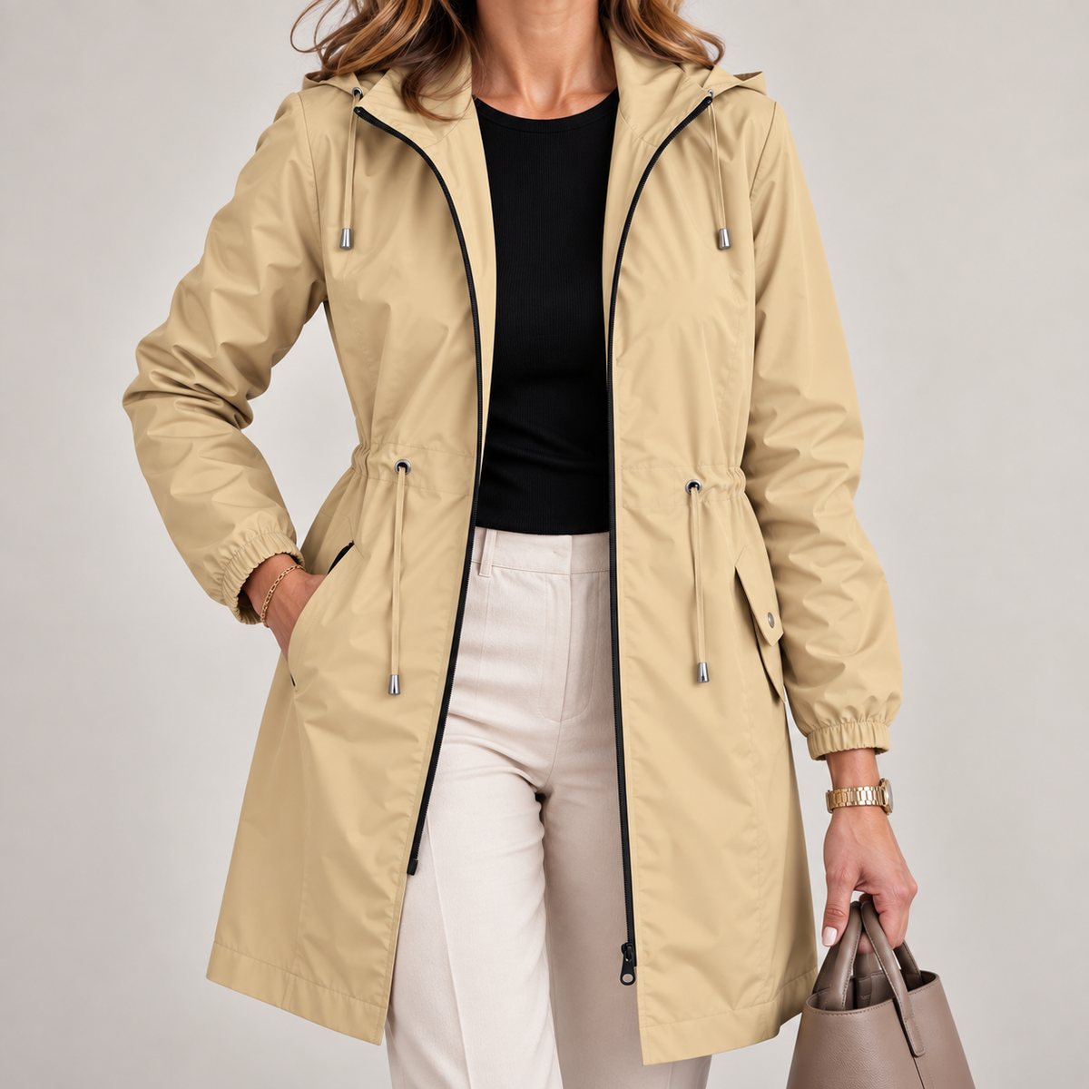 Chaqueta parka impermeable larga con capucha para mujer ajustable