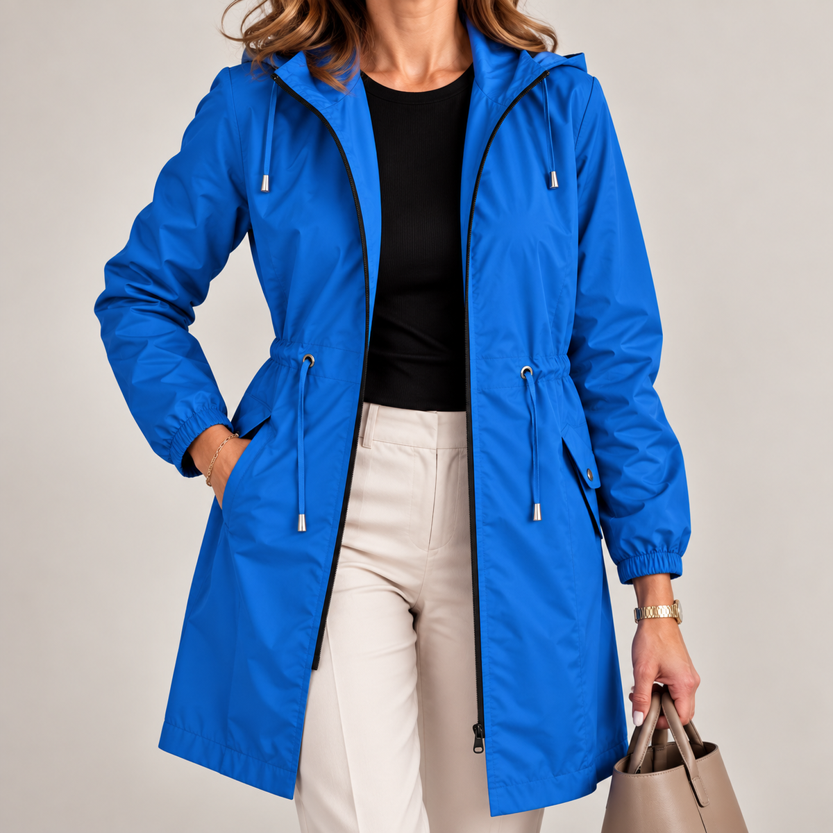 Chaqueta parka impermeable larga con capucha para mujer ajustable