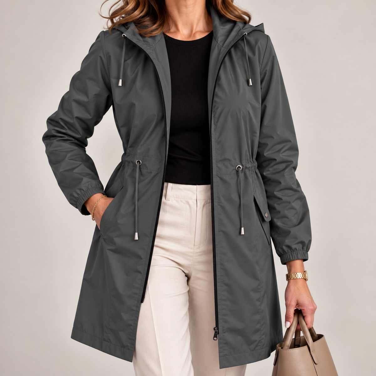 Chaqueta parka impermeable larga con capucha para mujer ajustable