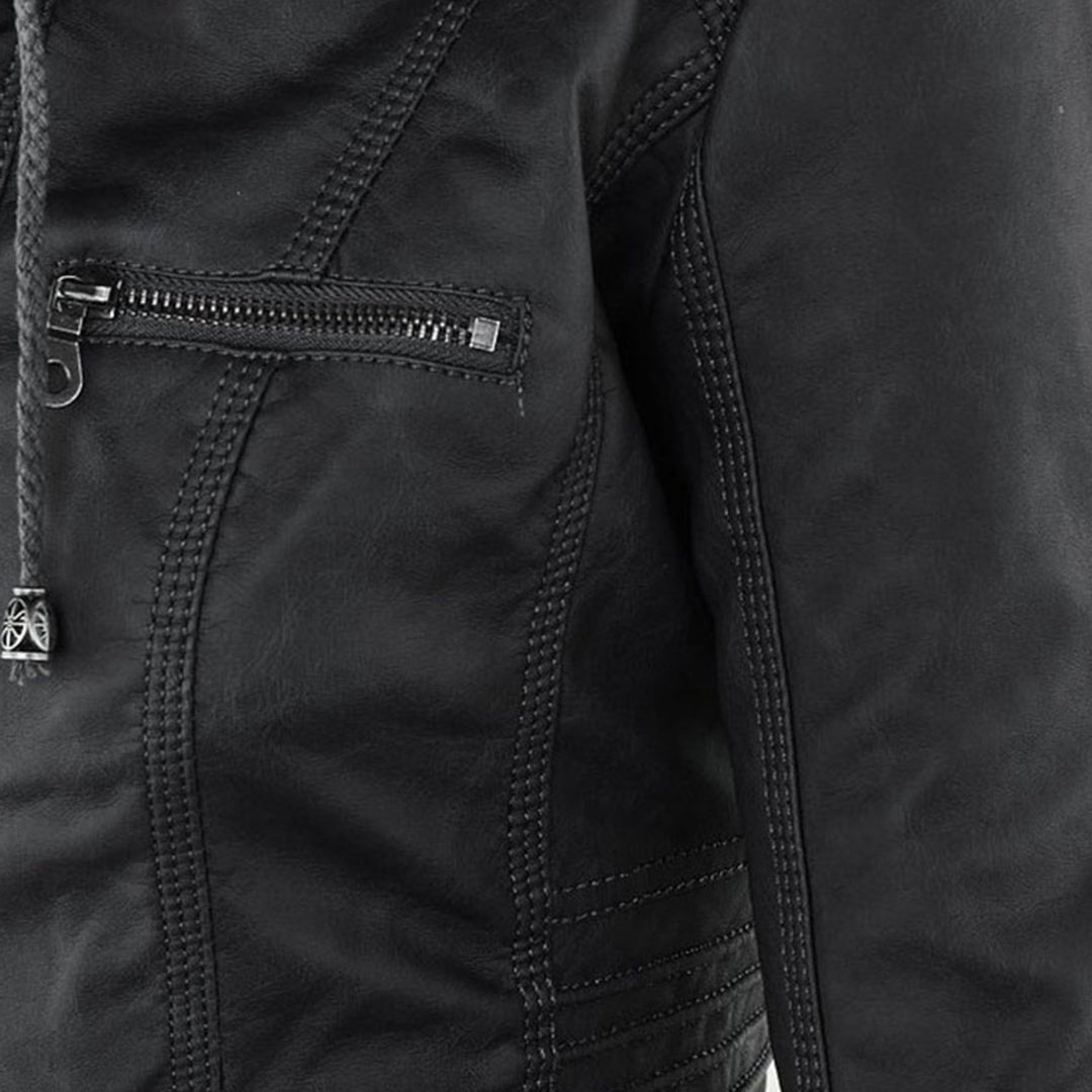 Chaqueta efecto cuero para mujer con capucha y cremallera