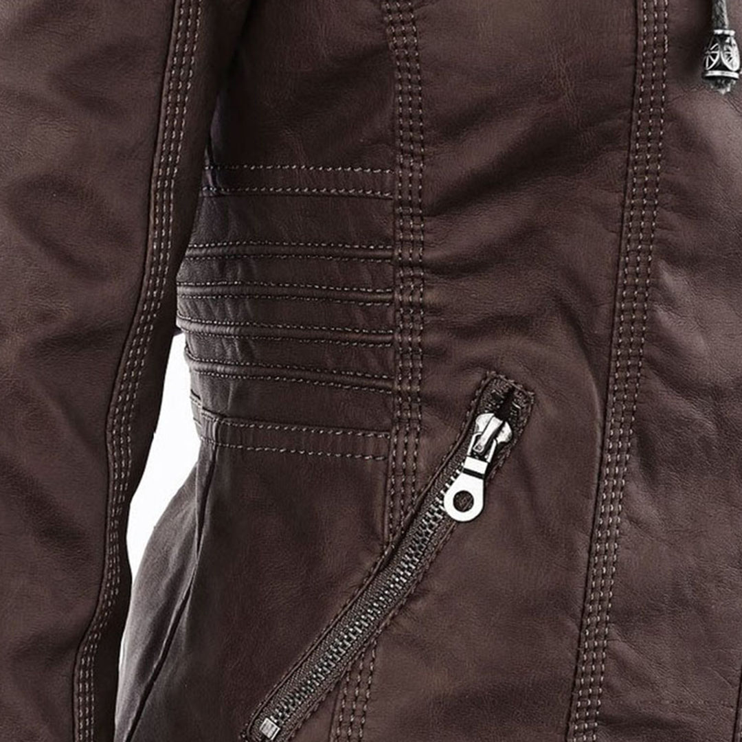 Chaqueta efecto cuero para mujer con capucha y cremallera