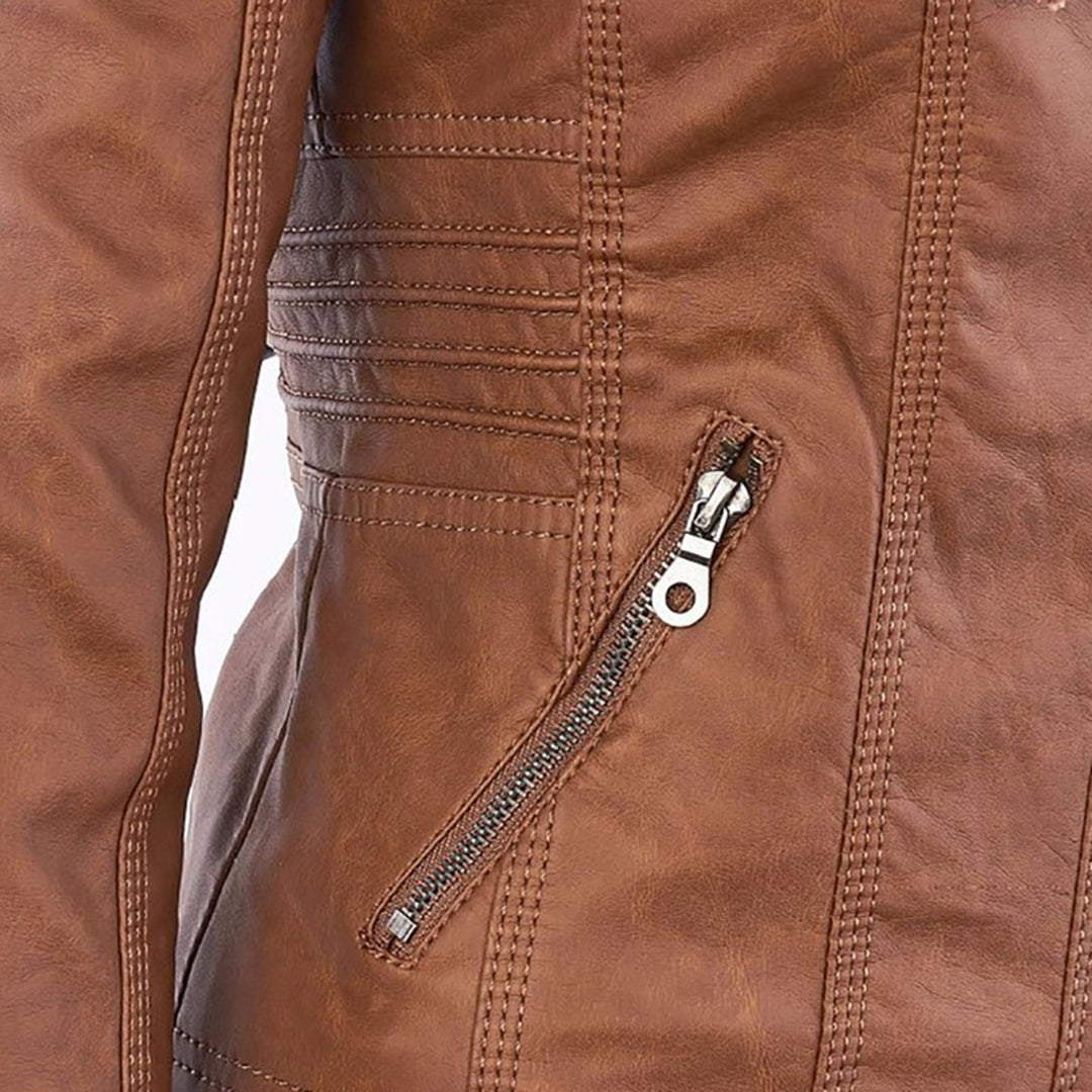 Chaqueta efecto cuero para mujer con capucha y cremallera