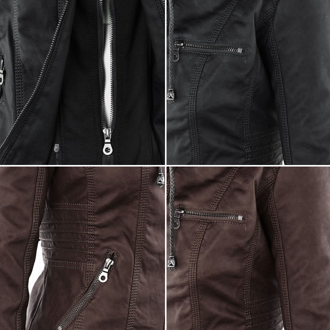 Chaqueta efecto cuero para mujer con capucha y cremallera