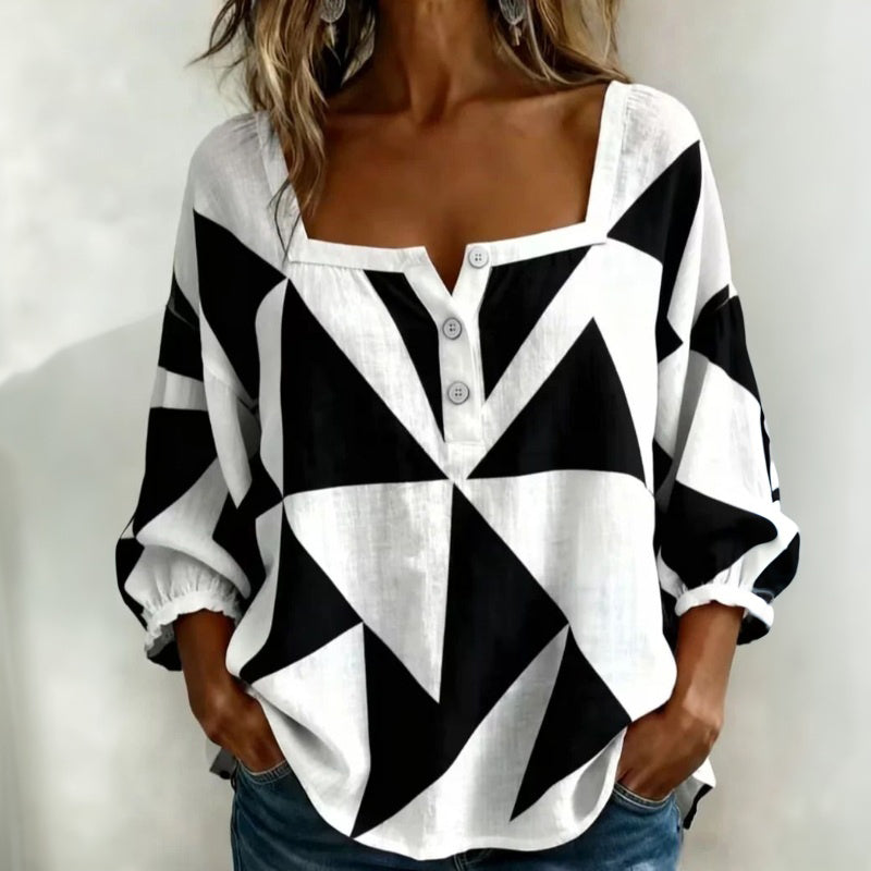 Blusa mujer geométrica con cuello cuadrado y botones