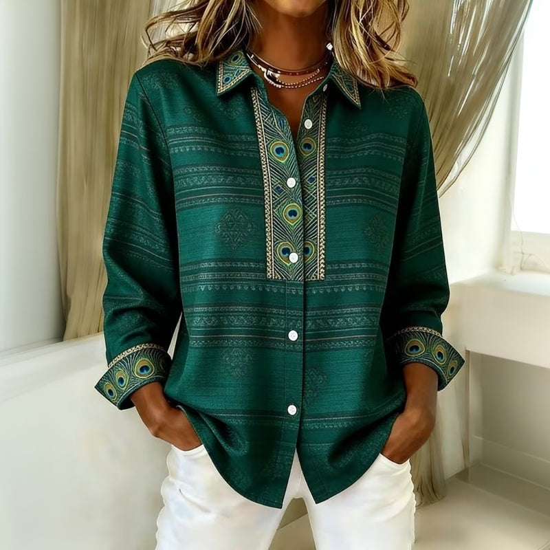 Camisa de mujer con estampado de pavo real y cierre de botones