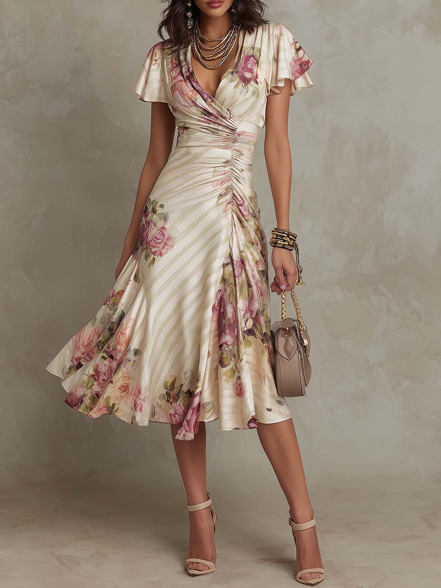 Vestido Midi Satén Floral Mujer – Estilo Elegante y Silueta Favorecedora