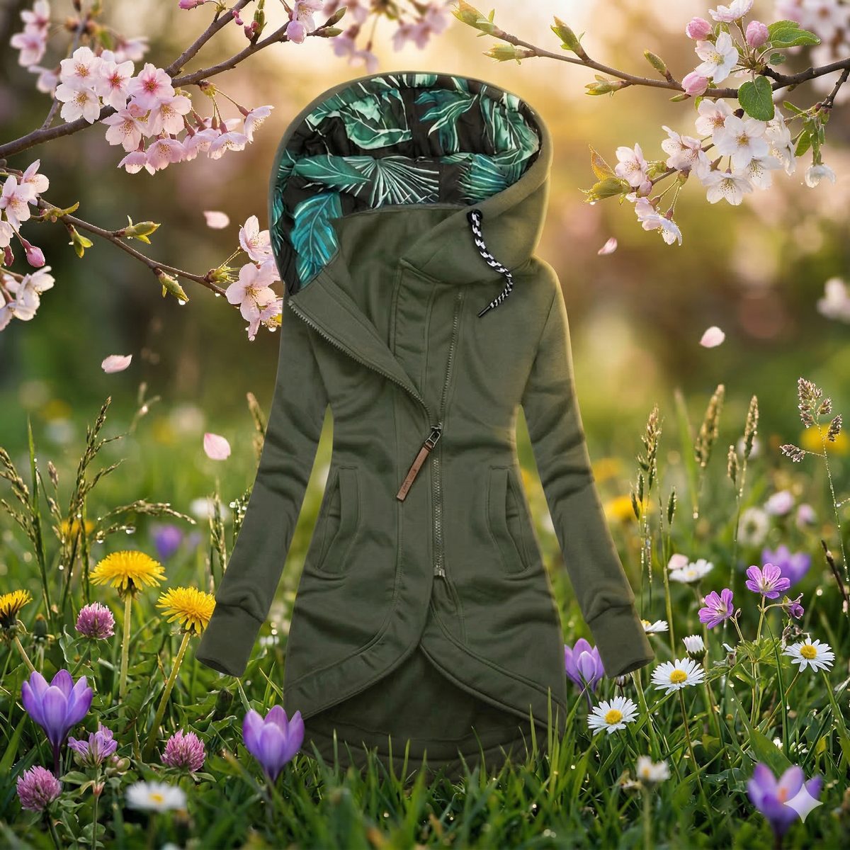 Chaqueta larga para mujer con capucha y cremallera asimétrica
