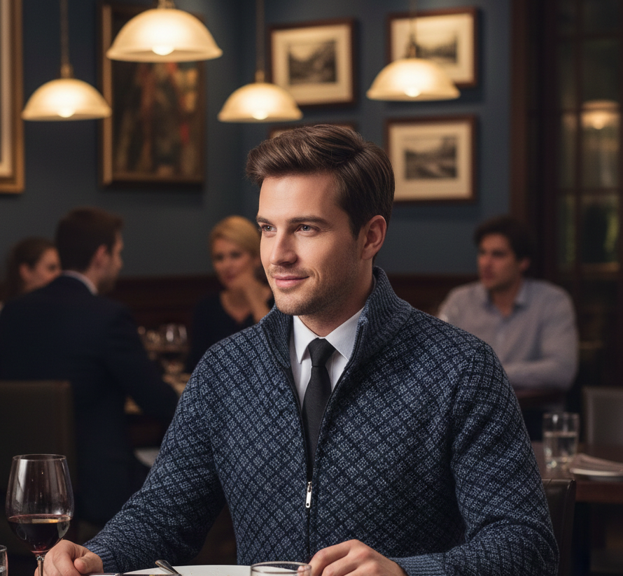 Cárdigan hombre cremallera cuello alto tejido jacquard romboidal moderno invierno
