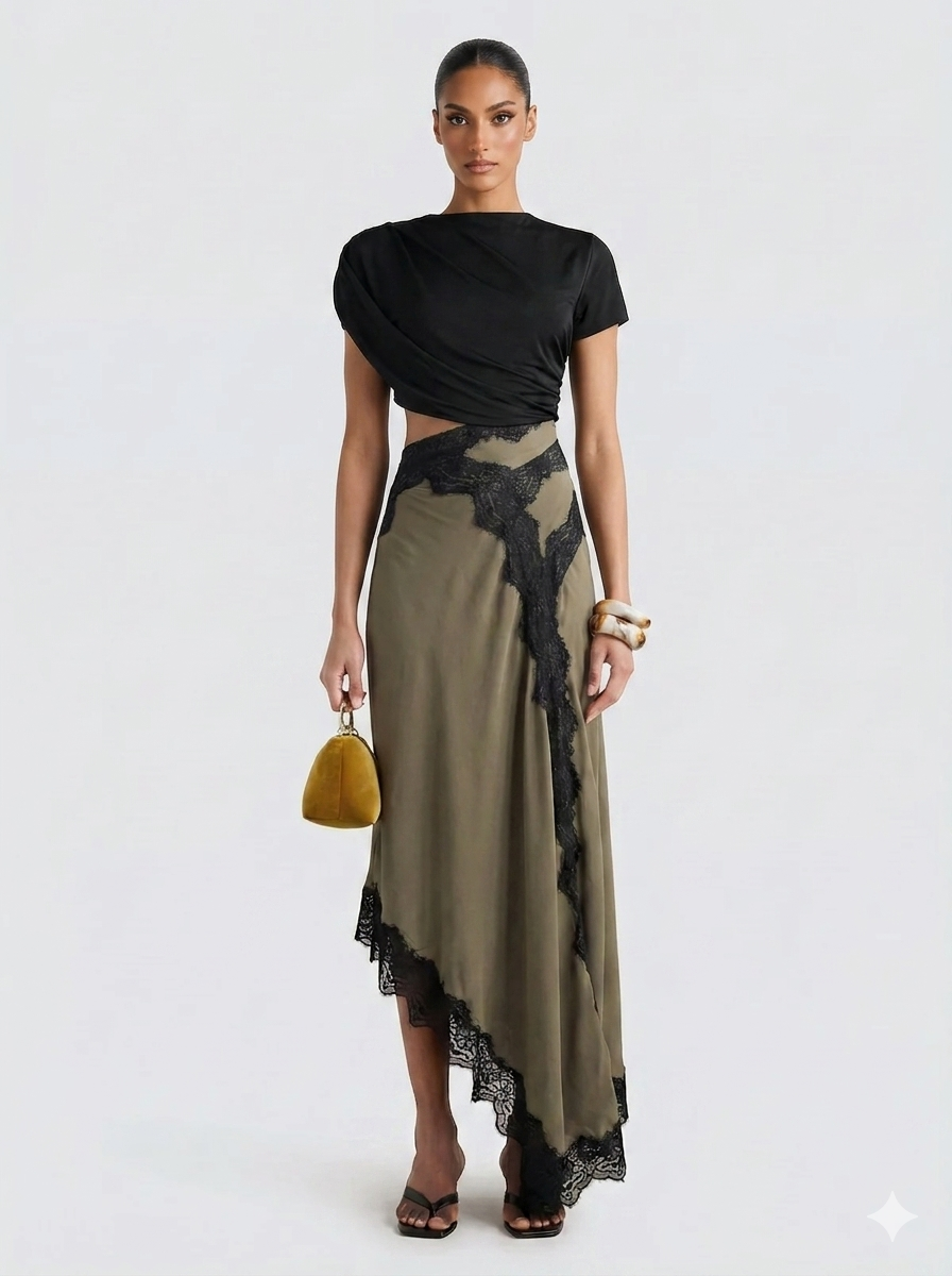 Conjunto mujer top asimétrico falda maxi encaje elegante