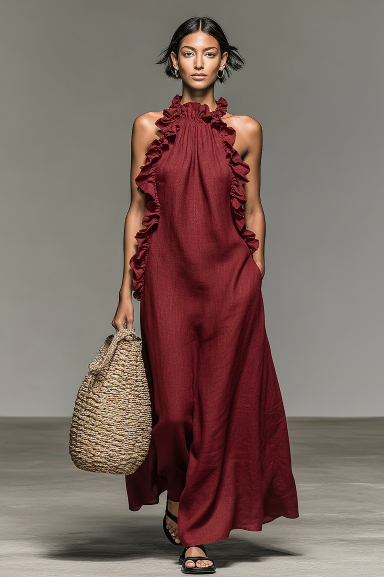 Vestido maxi mujer sin mangas con volantes y bolsillos