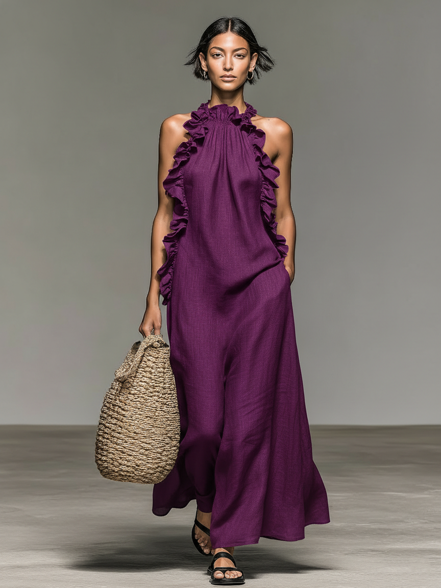 Vestido maxi mujer sin mangas con volantes y bolsillos