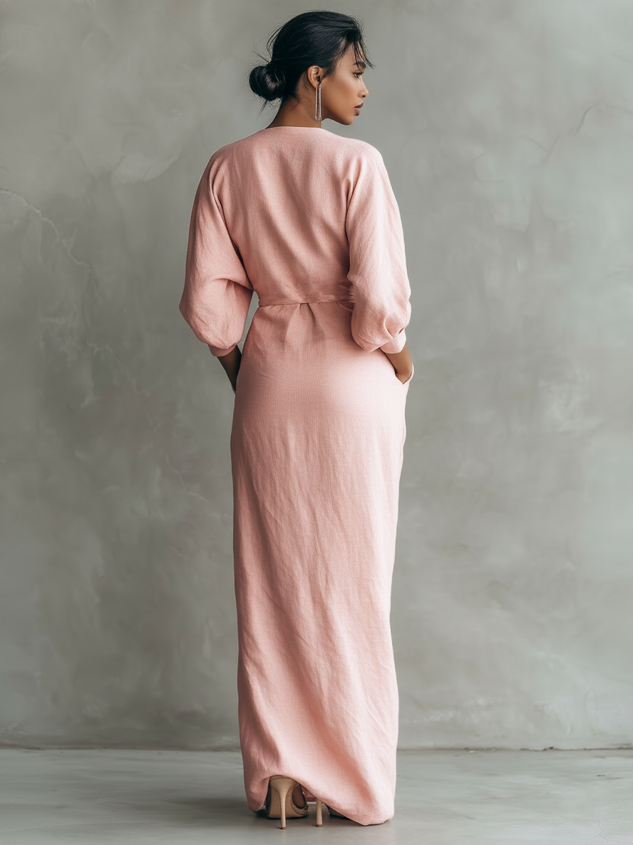 Vestido maxi mujer lino escote V elegante