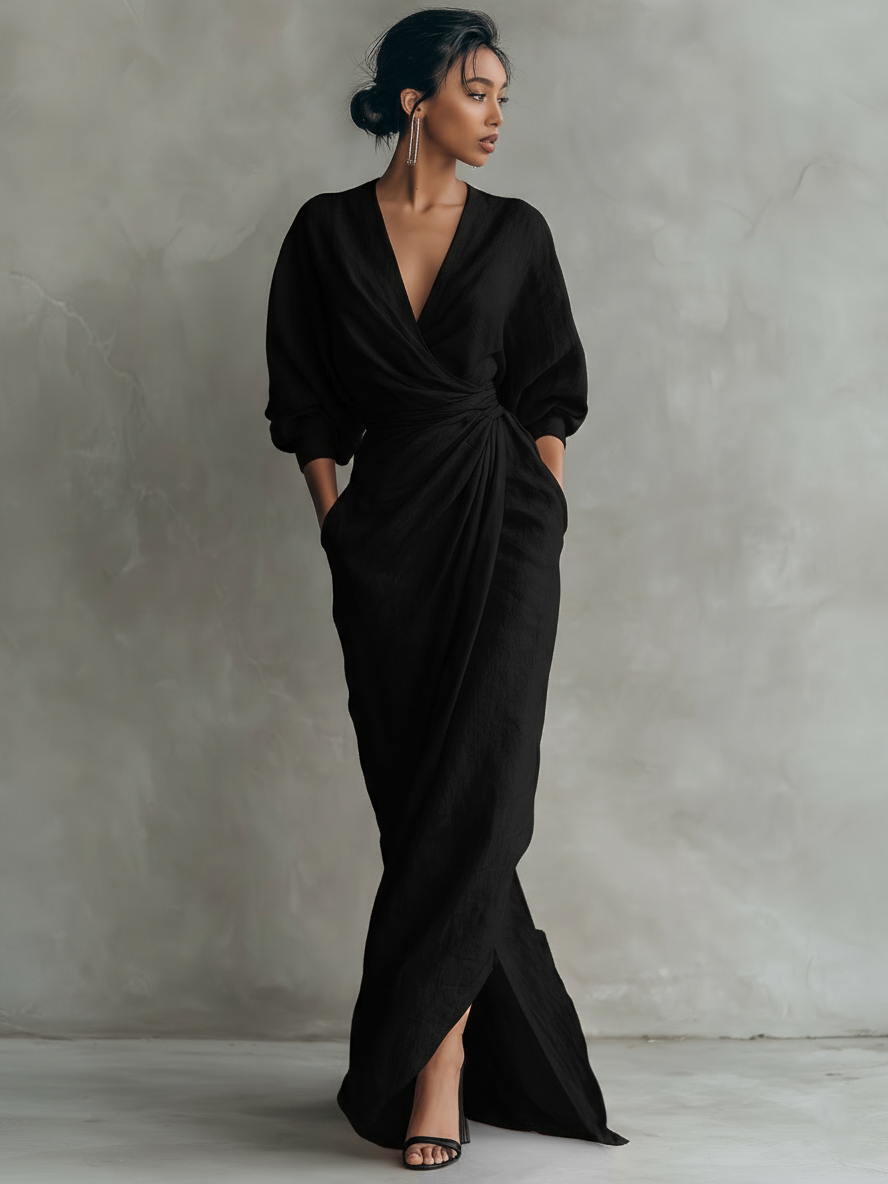 Vestido maxi mujer lino escote V elegante