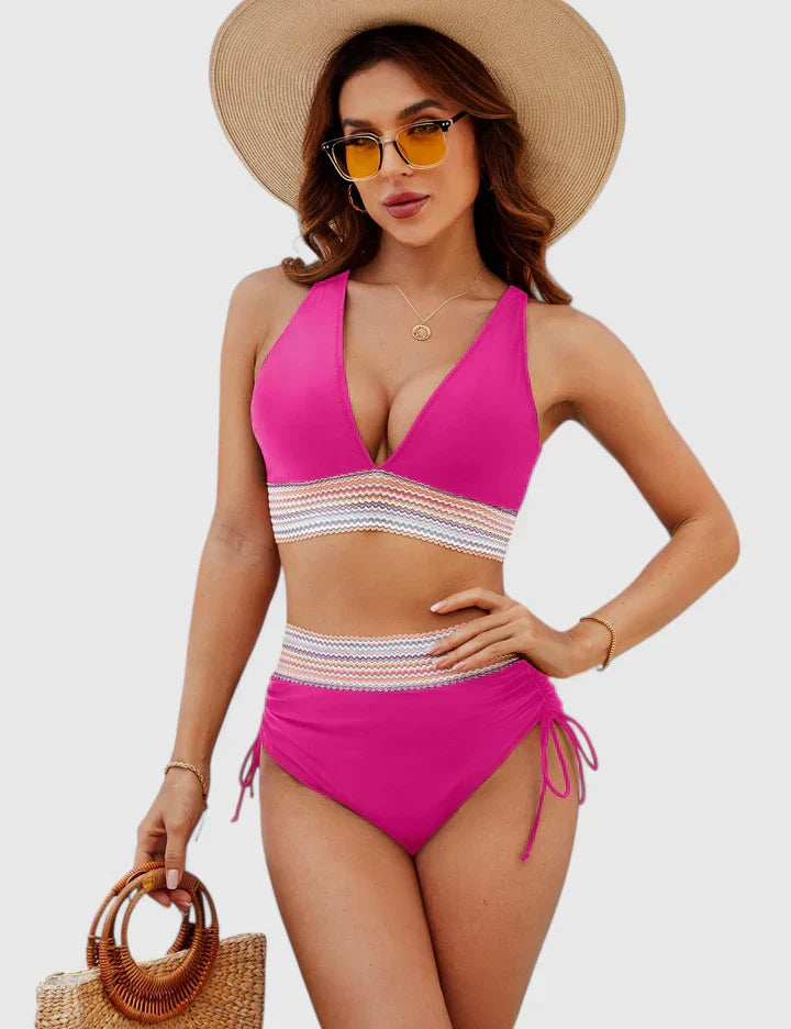 Bikini mujer halter escote V cintura alta crochet cordones laterales playa