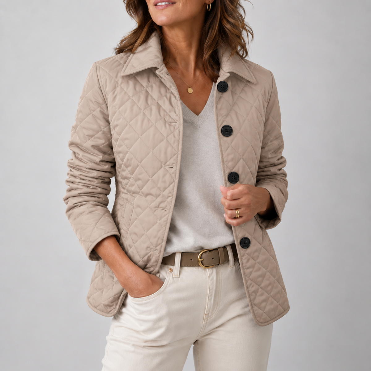 Chaqueta acolchada de mujer con cuello alto y botones frontales