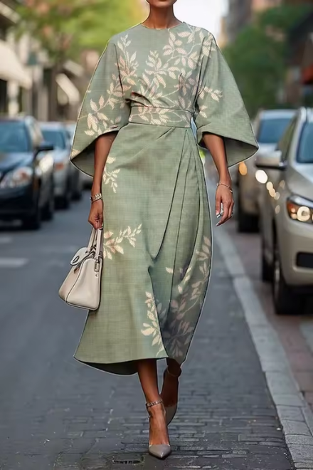 Vestido midi mujer flores artísticas mangas fluidas elegante